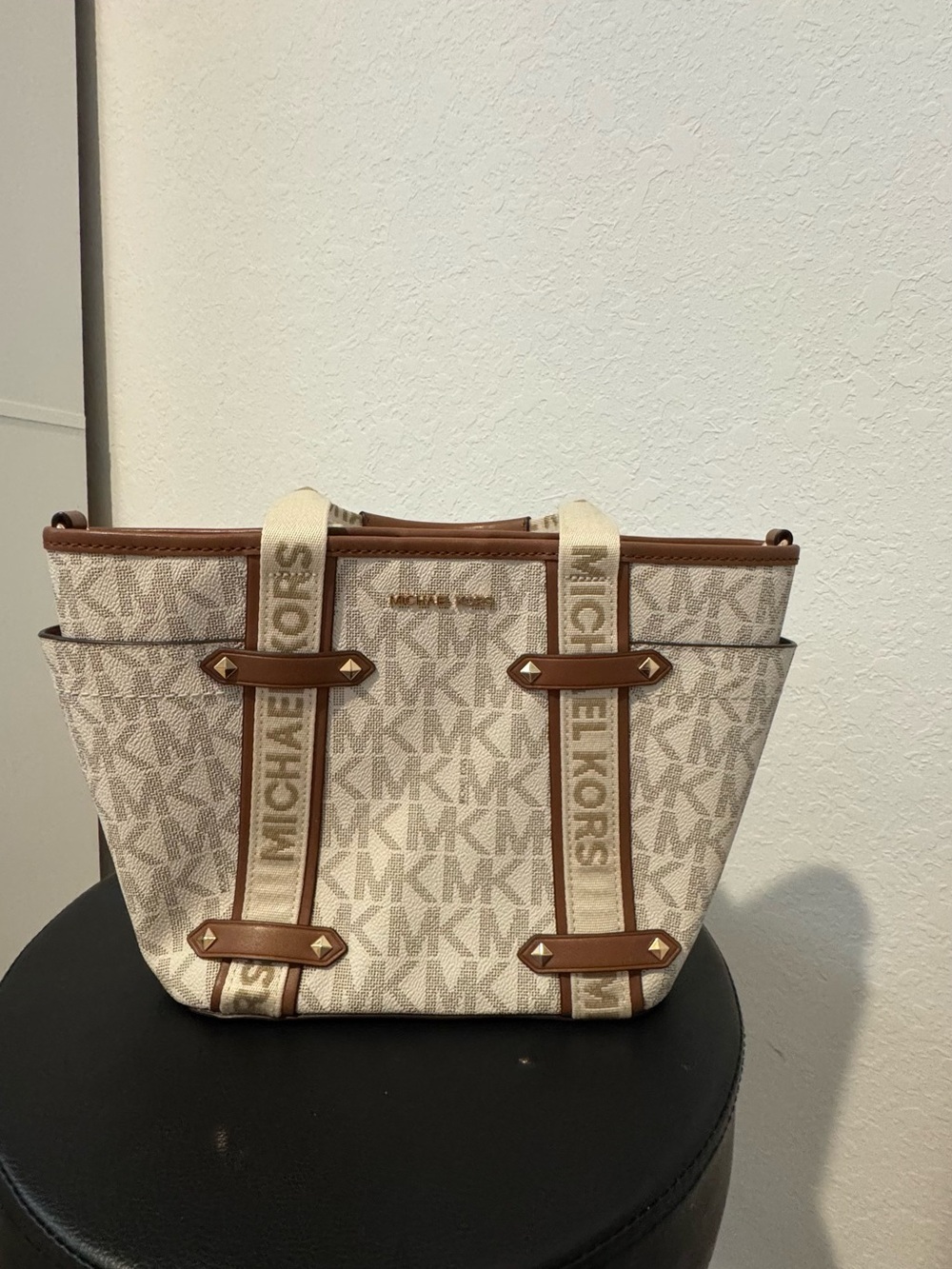 Michael Kors Cream MK Logo Canvas Tote with Brown Trim